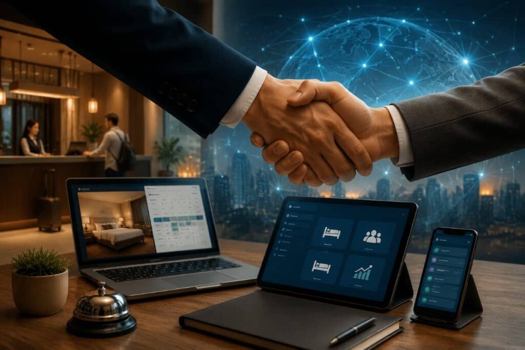 Two businesspeople shake hands over a desk with laptop, tablet, and phone in a modern office setting at night, city skyline in the background, symbolizing a deal.