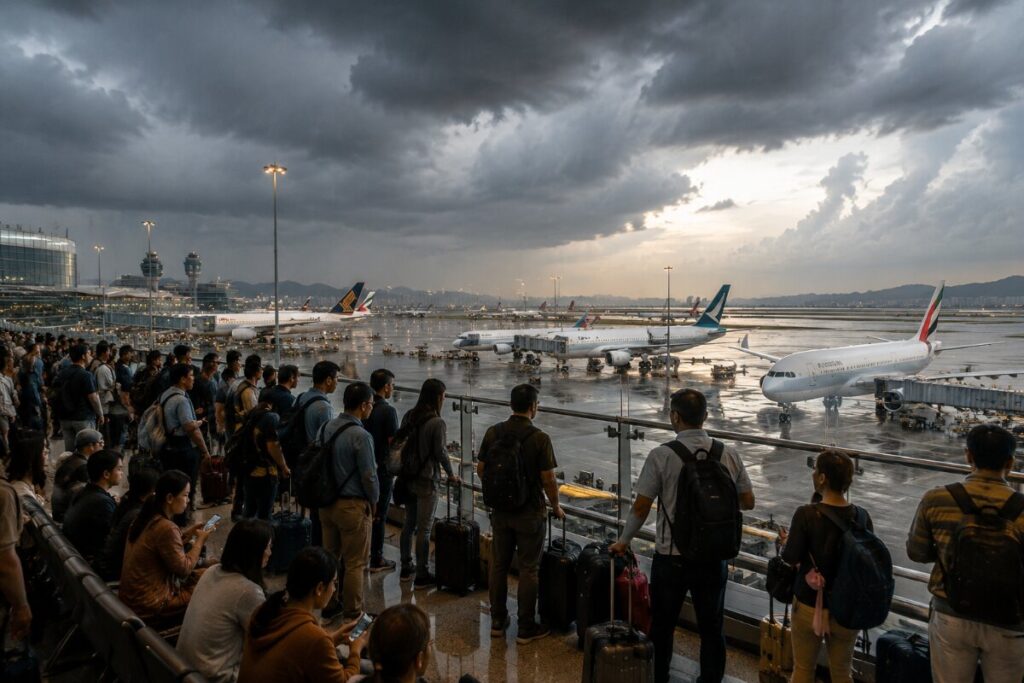 Crowd of travelers with luggage waiting at a rainy airport terminal, planes parked on the tarmac under a stormy sky.