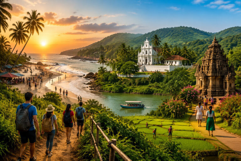 Tourists walk along a tropical coast at sunset past a white church, palm trees, and a stone temple by the water.