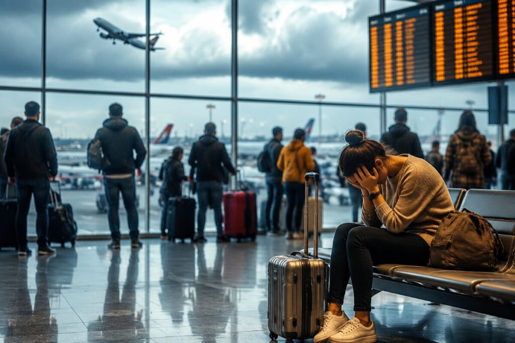 Woman sits on an airport bench, hands covering her face beside a silver suitcase while travelers with bags wait by the glass walls and a plane takes off outside.