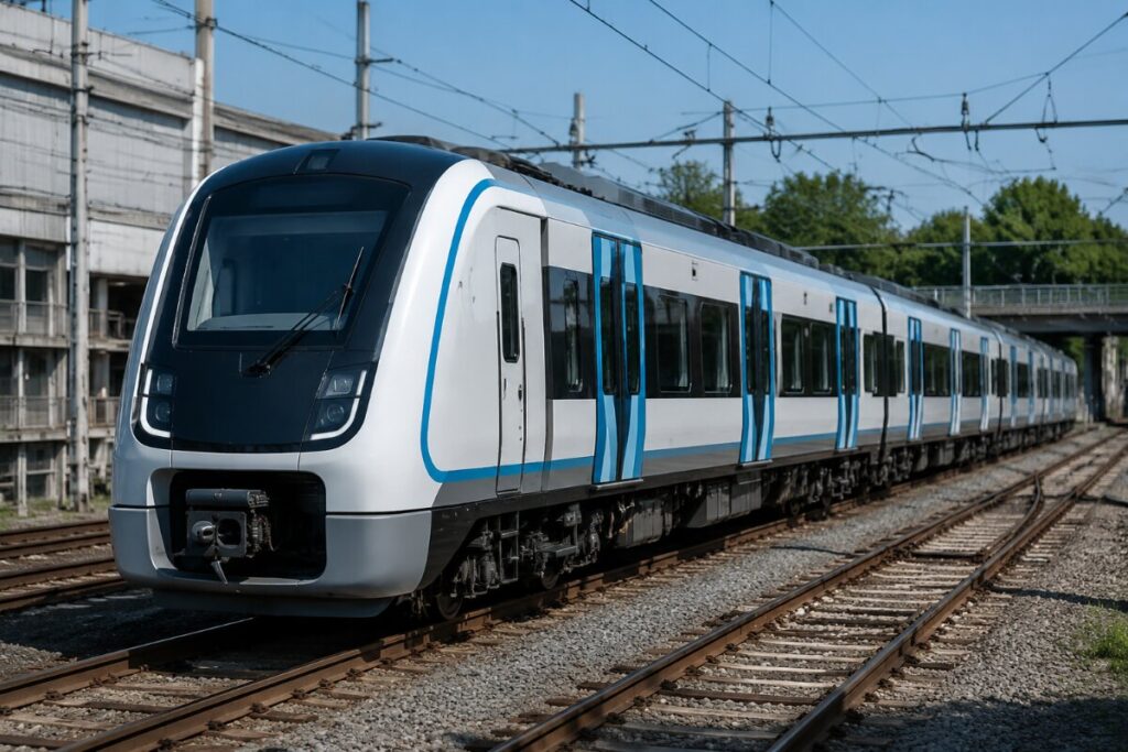 Modern white and blue passenger train parked on railway tracks outdoors that runs on electric lines.