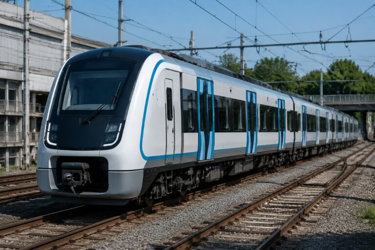 Modern white and blue passenger train parked on railway tracks outdoors that runs on electric lines.