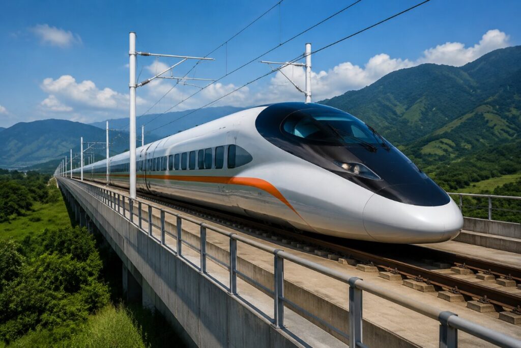 High-speed white train on an elevated track through a green valley with mountains in the distance under a blue sky.
