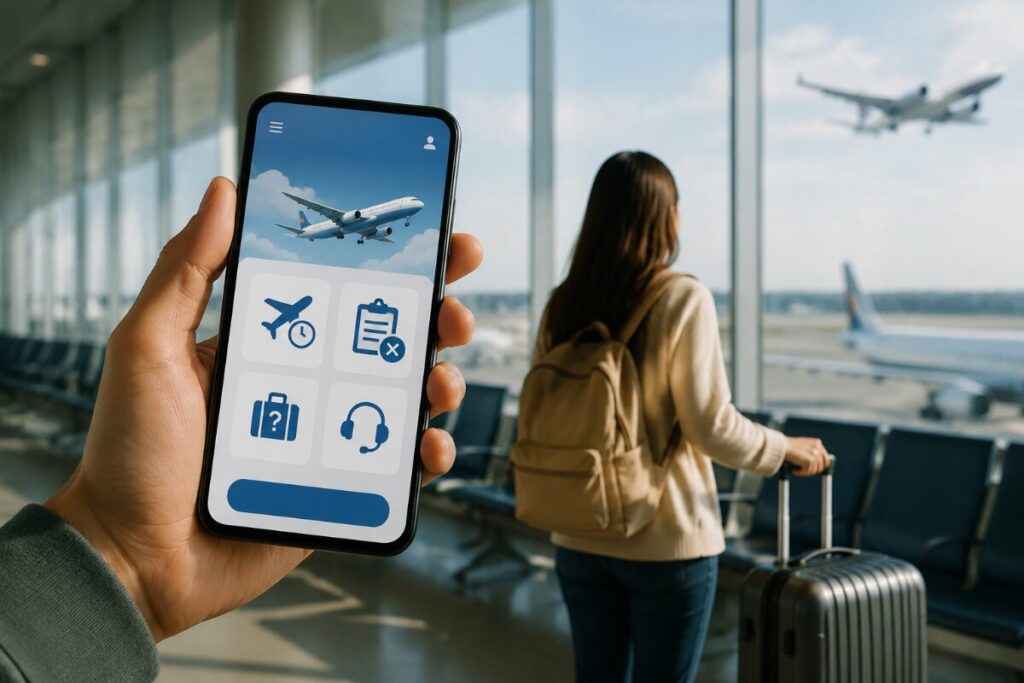 Hand holding a smartphone showing a travel app with airplane, schedule, luggage, and headset icons at an airport window view.
