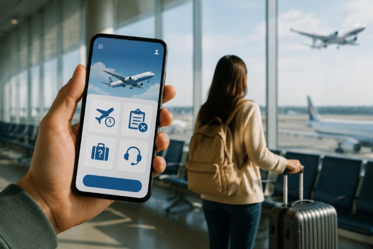 Hand holding a smartphone showing a travel app with airplane, schedule, luggage, and headset icons at an airport window view.