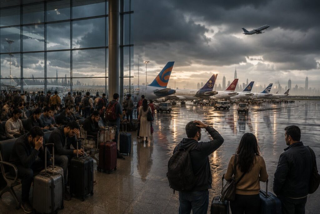 Crowded airport terminal at sunset with passengers waiting by luggage as airplanes line the wet tarmac outside.