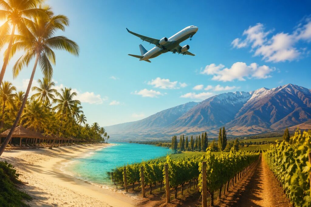 Plane flying over a tropical beach with palm trees, turquoise water, and vineyard rows against distant mountains, clear sky above.
