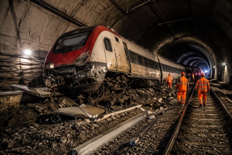 Damaged passenger train derailed in a tunnel with debris on the tracks and workers in orange safety suits nearby.