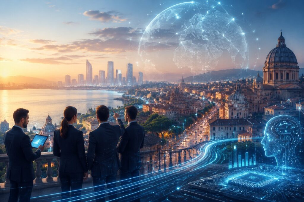 Business team overlooking a city at sunset with a glowing holographic globe and data streams overhead.