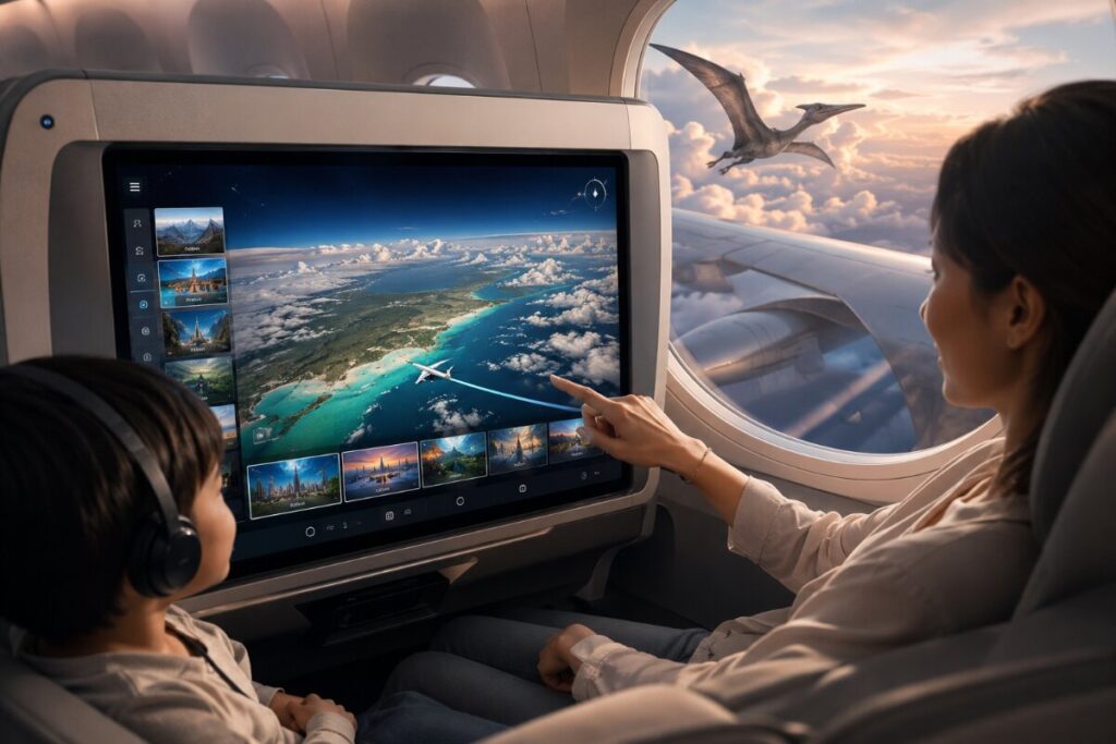 In‑flight touchscreen showing a coastal map and flight path as a woman points at it while a child with headphones watches from a window seat.