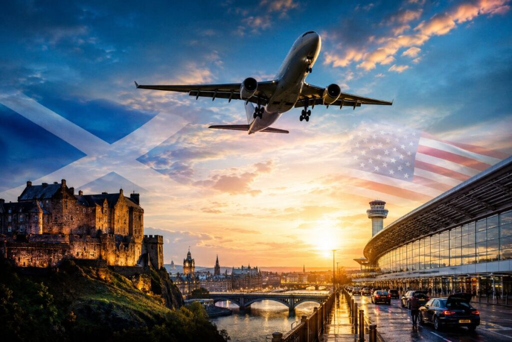 Airplane flying over a sunset cityscape with Edinburgh Castle and a modern airport, overlaid by Scottish and American flags.