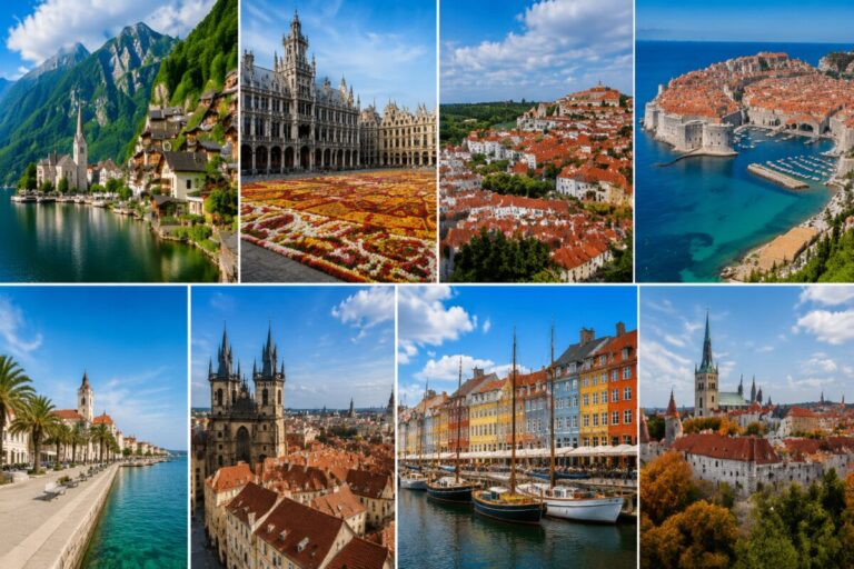 Collage of European towns: alpine lake village with church beside mountains, ornate Gothic town hall, red-roofed hillside town, and blue Adriatic harbor town.