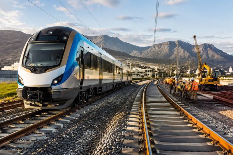 Modern blue-and-white passenger train on a curved track with construction workers nearby and a yellow crane in the background, mountains looming beyond.