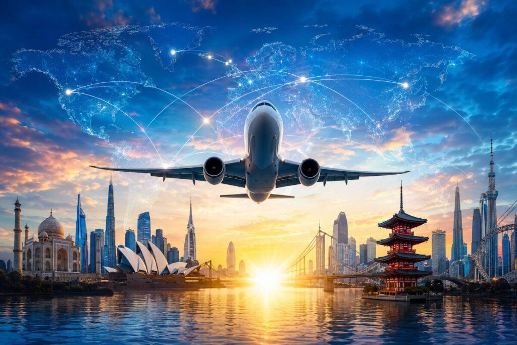 Airplane flying toward a glowing world map above a city skyline at sunset, symbolizing global air connectivity.