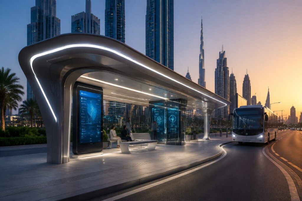 Futuristic bus stop with a curved illuminated canopy, digital info screens, and a white bus arriving at sunset.