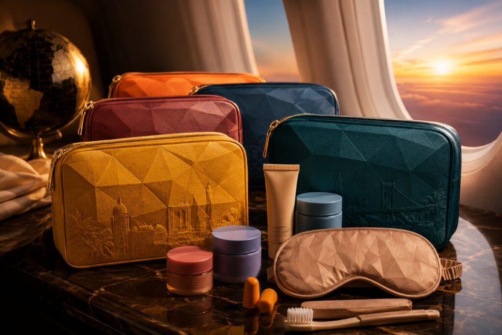 Colorful travel toiletry bags with skincare jars and a sleep mask on a marble surface beside an airplane window at sunset.