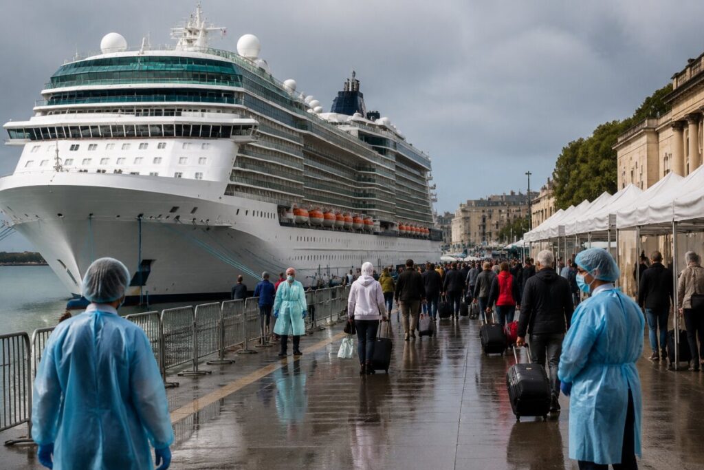 Massive white cruise ship docked at a wet quay with travelers carrying luggage and health workers in PPE along the promenade.