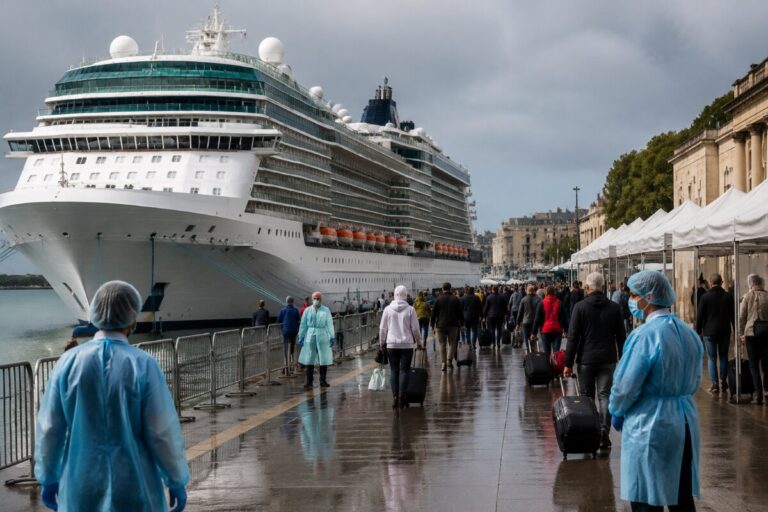 Massive white cruise ship docked at a wet quay with travelers carrying luggage and health workers in PPE along the promenade.