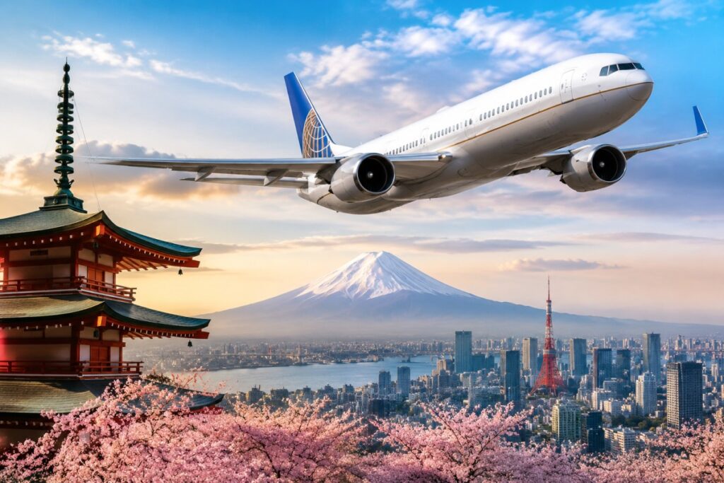Airplane flies above a city with cherry blossoms, a pagoda, and Mount Fuji in the distance at sunset.