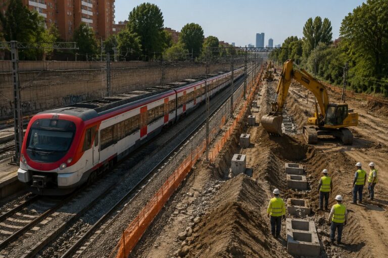 Red and white passenger train on tracks next to a construction site with a yellow excavator and workers in hard hats, mid-scene urban rail work