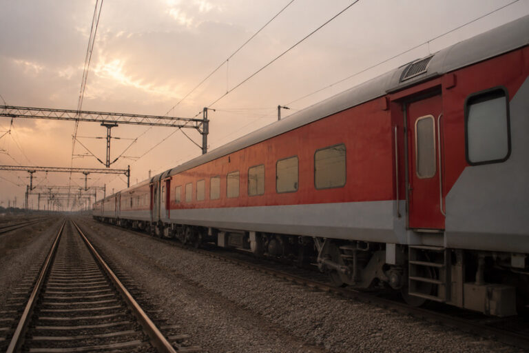 Red and white passenger train on railway tracks at sunset, with overhead power lines in view.