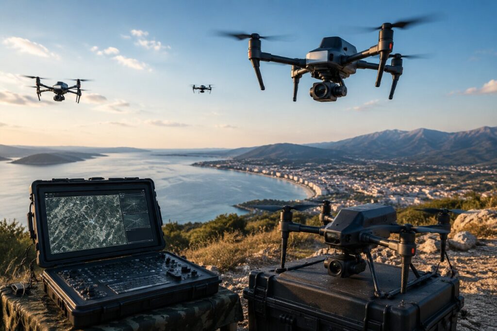 Quadcopter drones take off over a coastal bay while a rugged control laptop sits on a case in the foreground, overlooking the landscape.