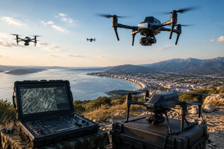 Quadcopter drones take off over a coastal bay while a rugged control laptop sits on a case in the foreground, overlooking the landscape.
