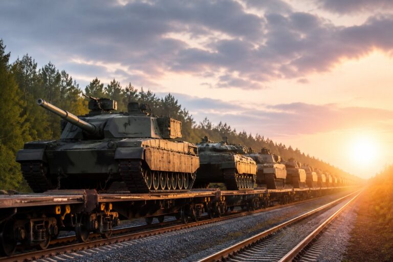 Line of armored tanks transported on flatbed train cars along railway at sunset.