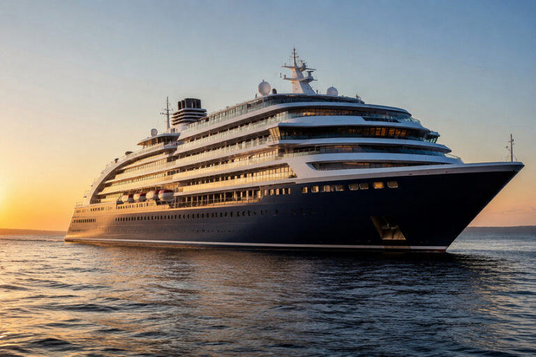 Luxurious cruise ship cruising on calm water at sunset with multiple decks and white hulls
