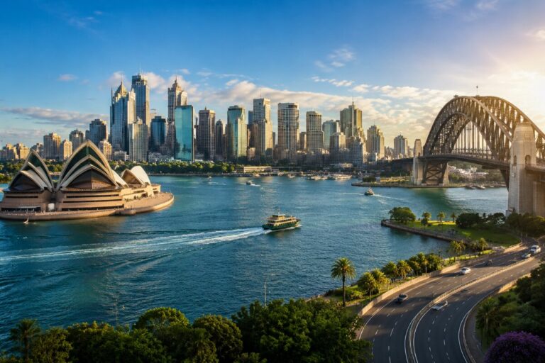 Sydney skyline with the Opera House and Harbour Bridge over a blue harbor, boats sailing nearby.