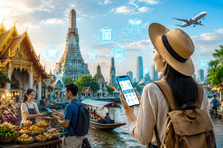 Woman with backpack and straw hat holds a smartphone at a bustling riverside market, with blue holographic travel icons above and a temple skyline in the background.