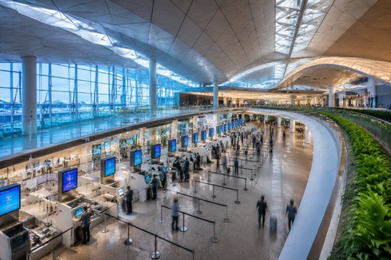 Busy airport check-in hall with rows of desks, digital screens, and travelers queuing beneath a sweeping curved ceiling.