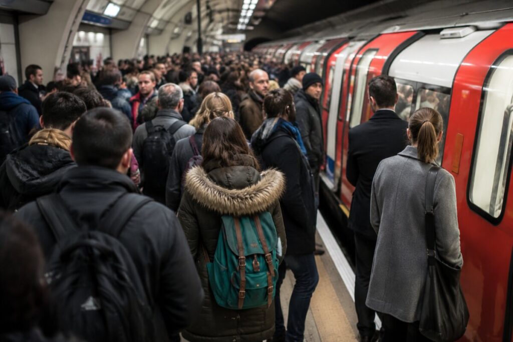 Crowded subway platform with commuters waiting beside a red subway train viewed from behind court-side of the platform edge.