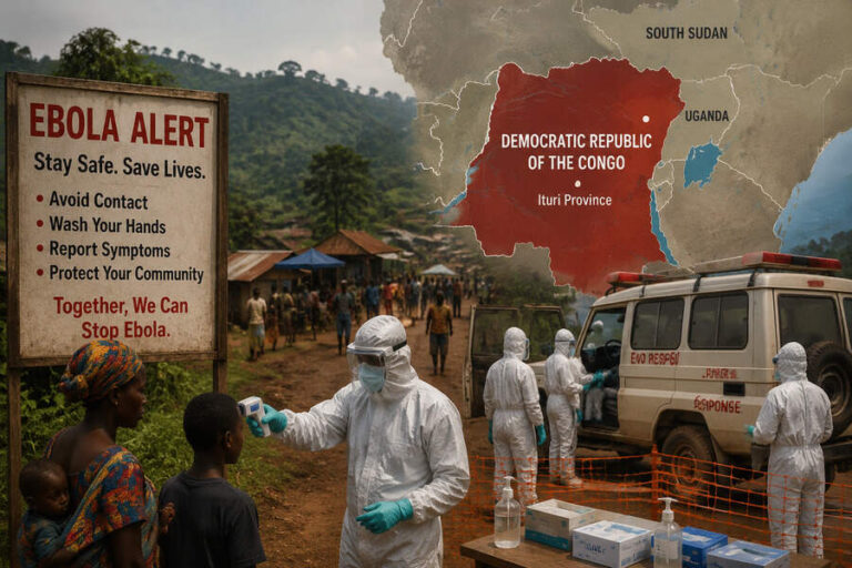 Health workers in full PPE check a villager’s temperature near an Ebola alert sign; a map highlights the DRC's Ituri Province beside an ambulance.