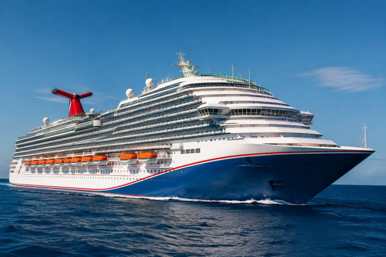 Large white cruise ship with orange lifeboats sailing on calm blue sea under a clear sky on a sunny day.
