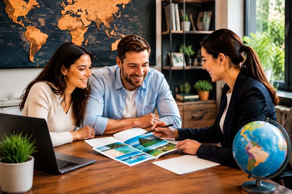 Three colleagues collaborate at a wooden desk, reviewing travel brochures with a globe nearby and a world map backdrop behind them Whitespace