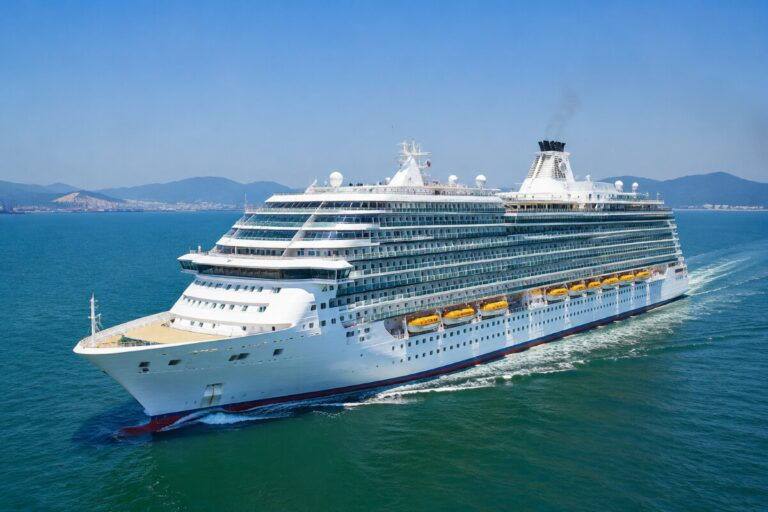 White cruise ship sailing on turquoise sea with distant coastline and hills in the background, full side view showing multiple decks and balconies for passengers.