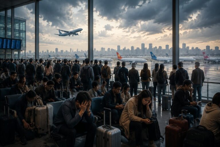 Crowded airport terminal with travelers seated and standing, luggage by their feet, as planes taxi and a jet takes off against a cloudy sky.