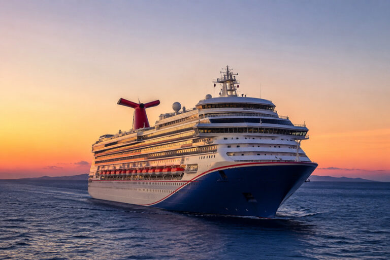 Large passenger cruise ship sailing on calm ocean at sunset, with multiple decks and a red funnel visible on the horizon.