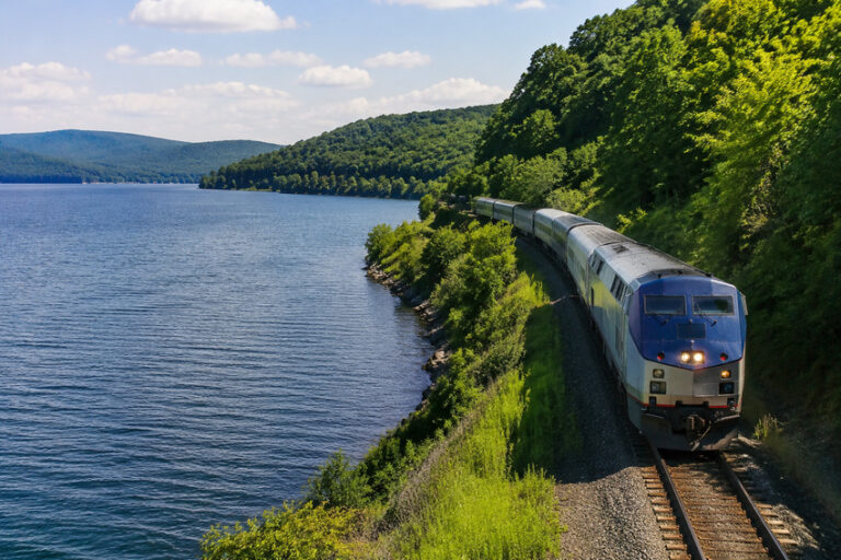 A blue-and-silver passenger train curves along a rocky lakeside track with green hills and a calm blue lake on the left.