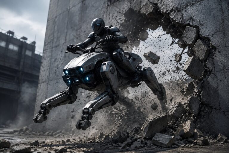 A futuristic armored rider on a four‑legged mech leaps through debris against a crumbling concrete wall, blue lights glowing on the machine.