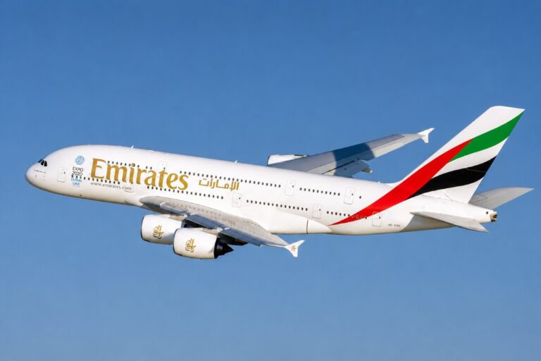 Emirates wide-body airliner in flight against a clear blue sky, left-to-right silhouette with the UAE flag colors on the tail and gold Emirates logo on the fuselage.