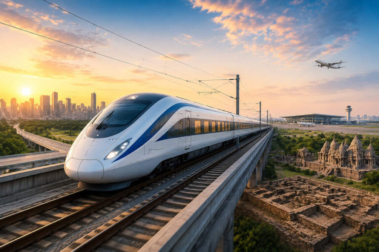High-speed train on an elevated track at sunset, with a modern city skyline and ancient ruins nearby in the scenery.