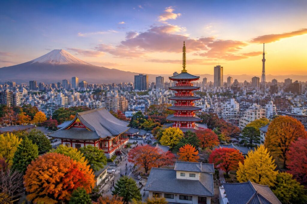 Sunset over Tokyo: red five-story pagoda and temple court amid autumn trees with Mount Fuji in the distance.