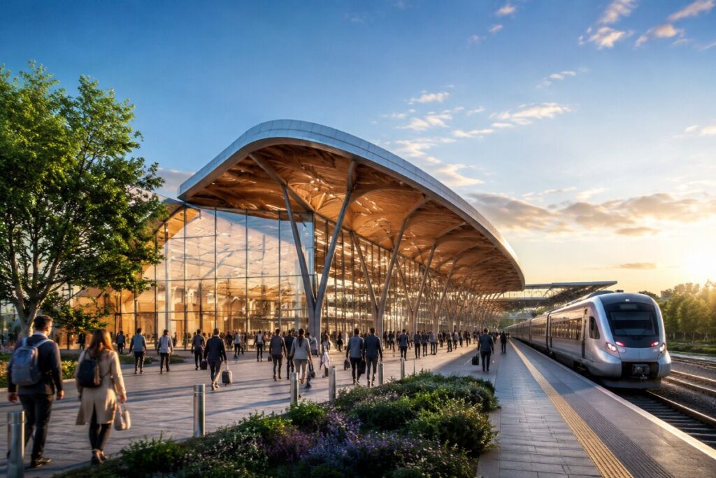 Modern glass-front train station at sunset, crowds of travelers, and a sleek silver train at the platform.