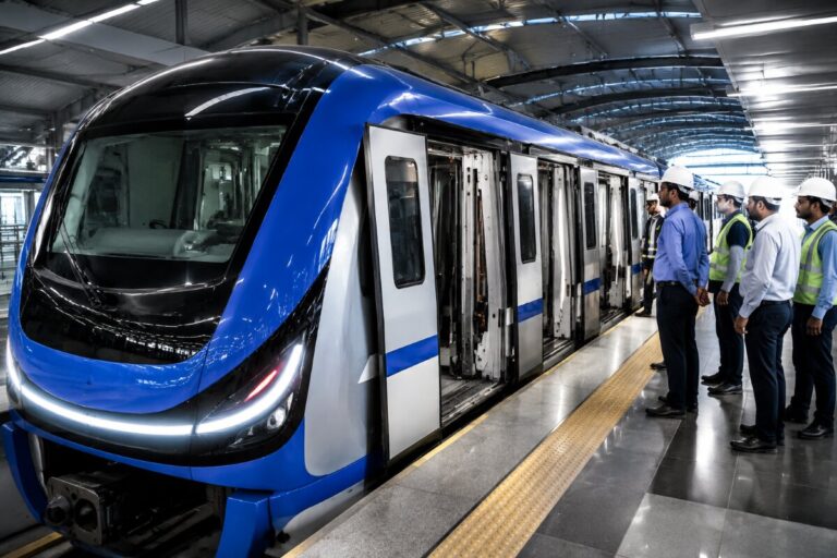 Blue metro train at a station with engineers in hard hats inspecting the doors outside the cars nearby the platform edge.