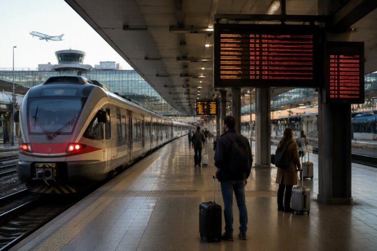 Modern passenger train at a platform with travelers waiting and rolling suitcases; bright electronic departure boards overhead glow red.