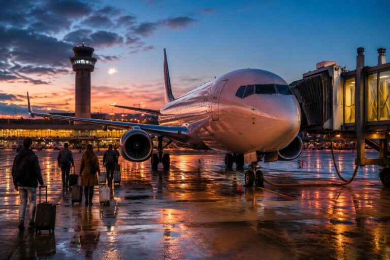 A large white passenger jet at a gate with passengers pulling wheeled luggage on a wet tarmac during sunset.
