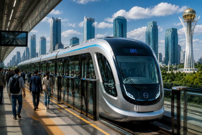 Modern silver urban train at a platform with pedestrians, a city skyline of tall glass buildings in the background, bright blue sky.