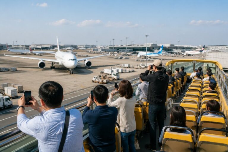People on an outdoor viewing deck taking photos of a large airplane on the tarmac at an airport.
